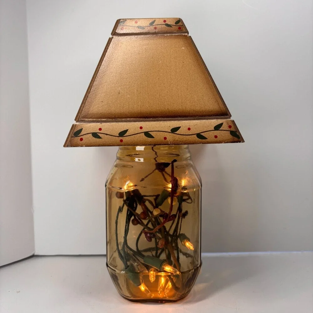 Lighted Jar Accent Lamp w Wooden Shade Lighted Berry Cottage Farmhouse Decor